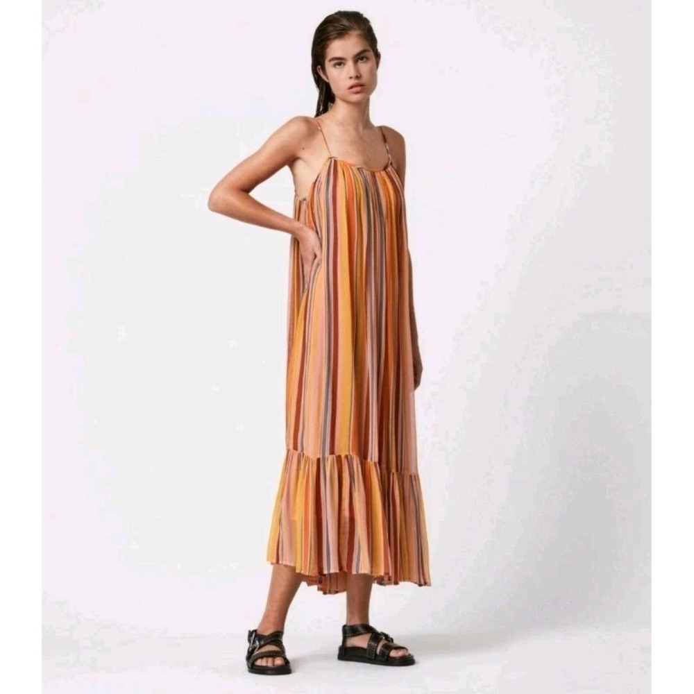 Allsaints Paola Striped Slip Midi Dress Womens 4 Rainbow Tiered Boho Dopamine